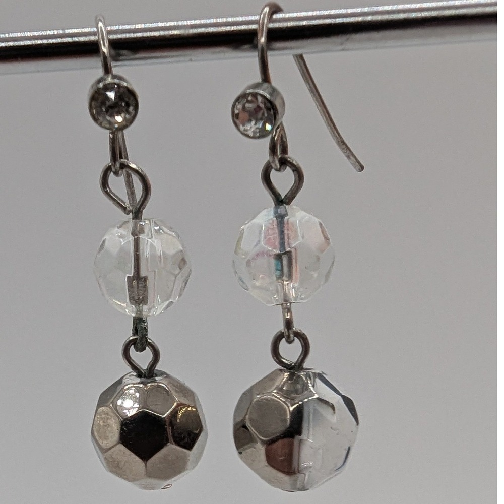 Silver Tone Hammered Orb Rhinestone Clear Glass Bead‎ Drop Earrings French Hook